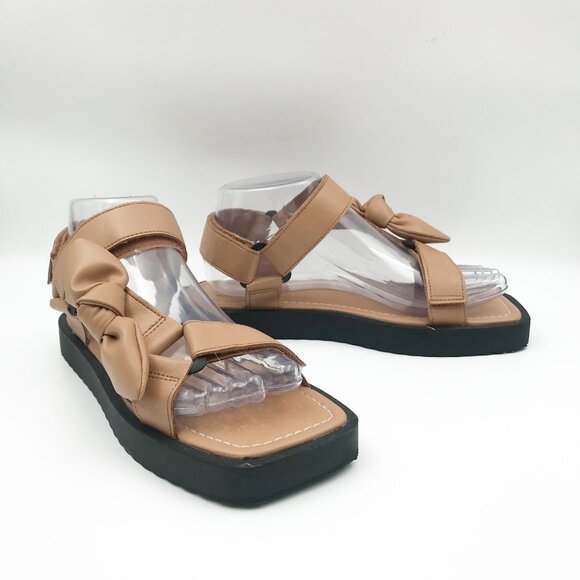ZARA Bow Velcro Tan Flat Neutral Beige Square Toe Sandals Womens 6.5 - Picture 1 of 12